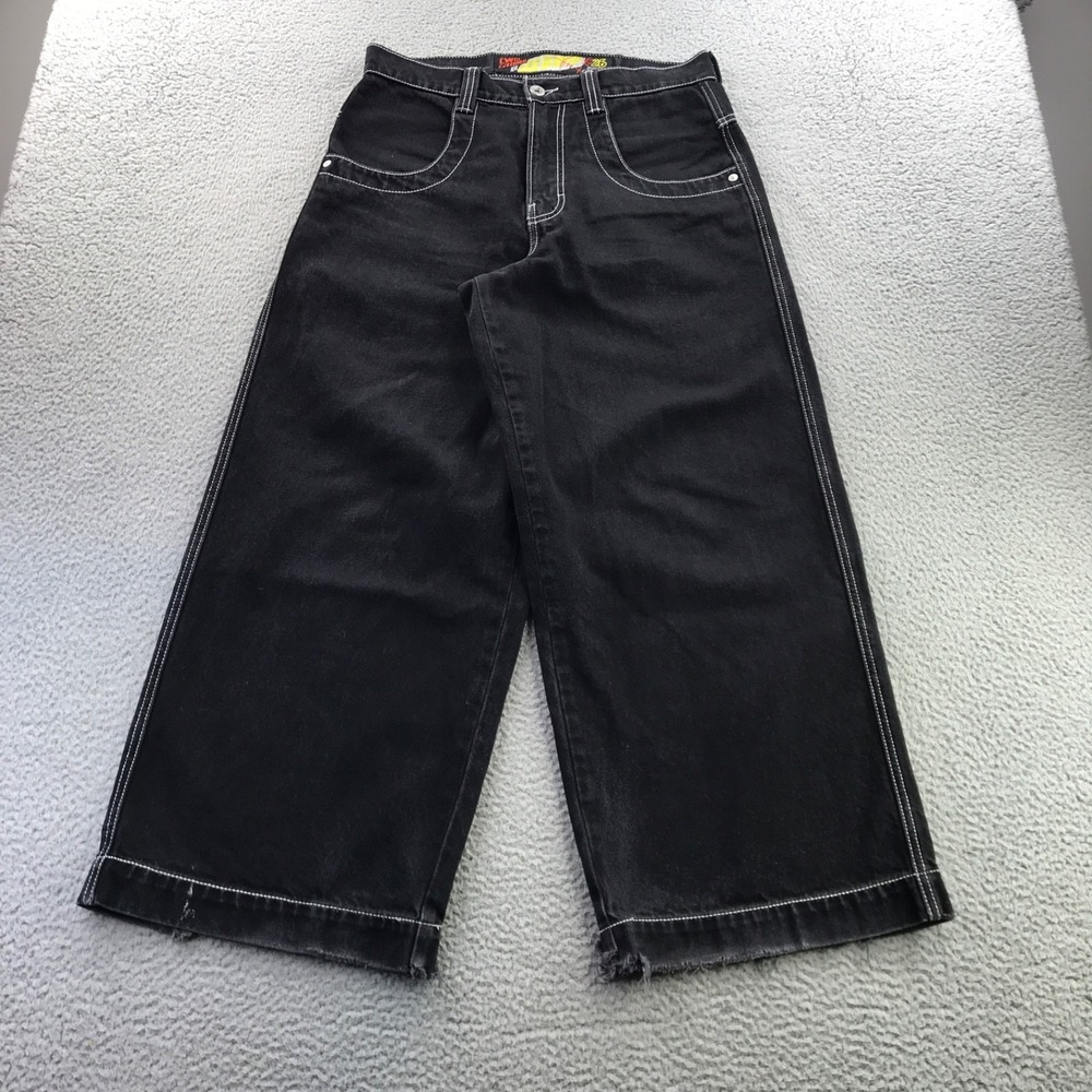 Vtg JNCO Jeans Mens 32x30 Black Baggy Wide Leg Skater Embroidered Twin Cannon